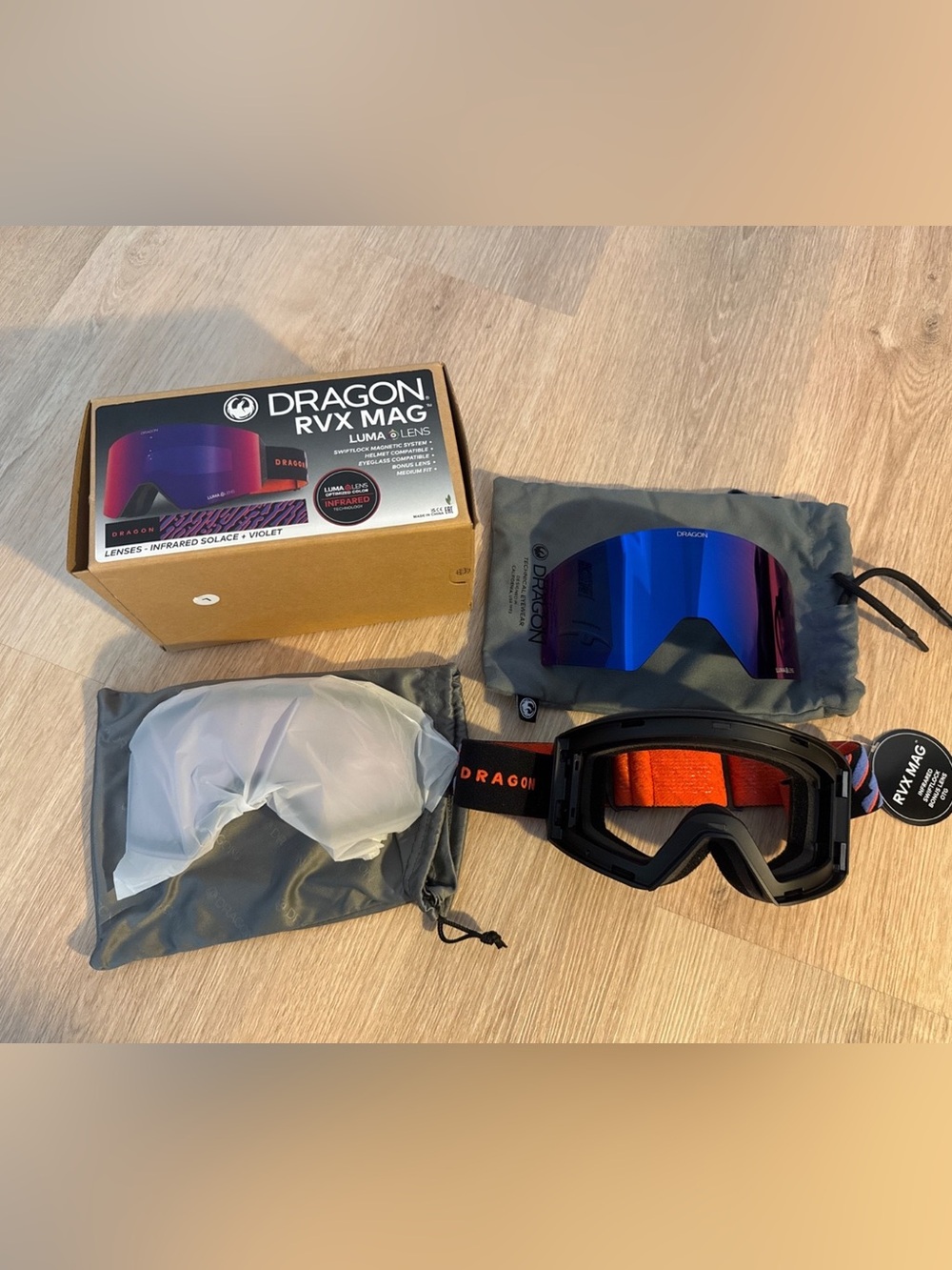 Dragon RVX MAG ski goggles with LUMA lense technology and spare low light lense.